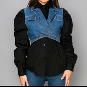 2 piece denim vest and button down puff sleeved top